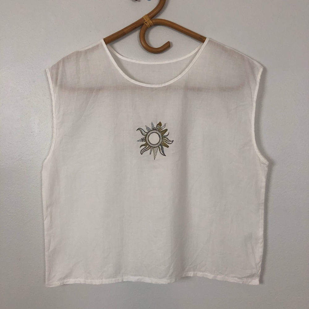 Metallic Embroidered Sun Sleeveless Top | White